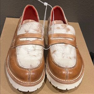 BED|STU Two-Tone Tan and Metallic Cream Leather Loafers
